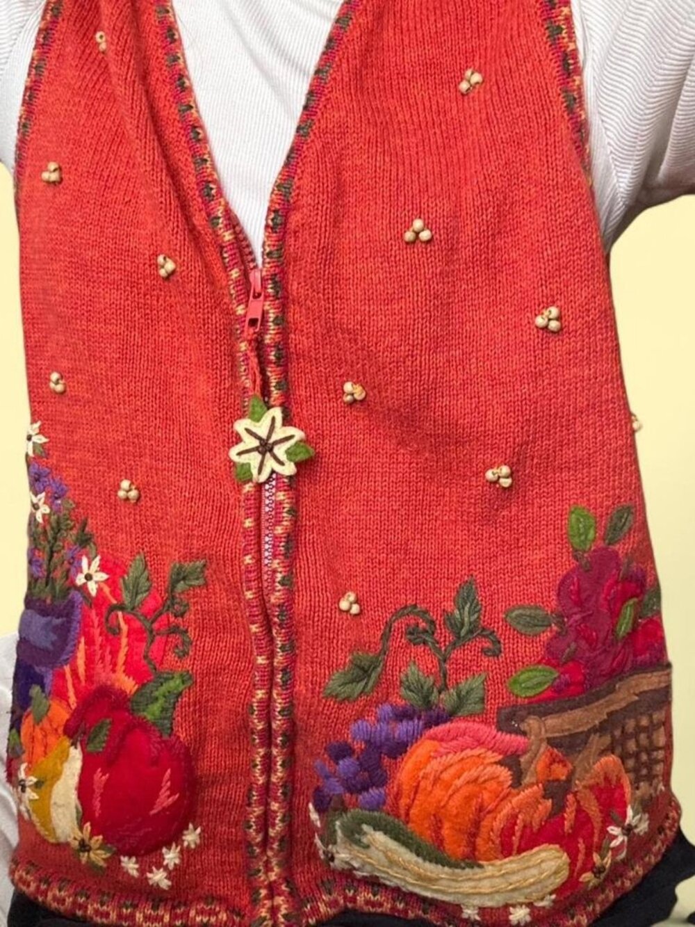 Dark Orange Embroidered Sweater Vest, Womens Size Medium